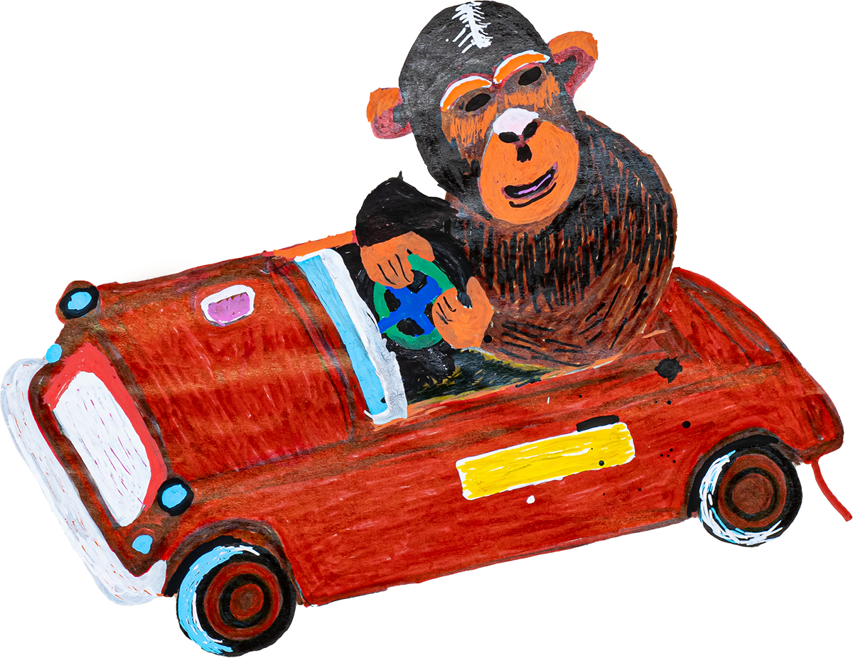 さるが車に載っている絵